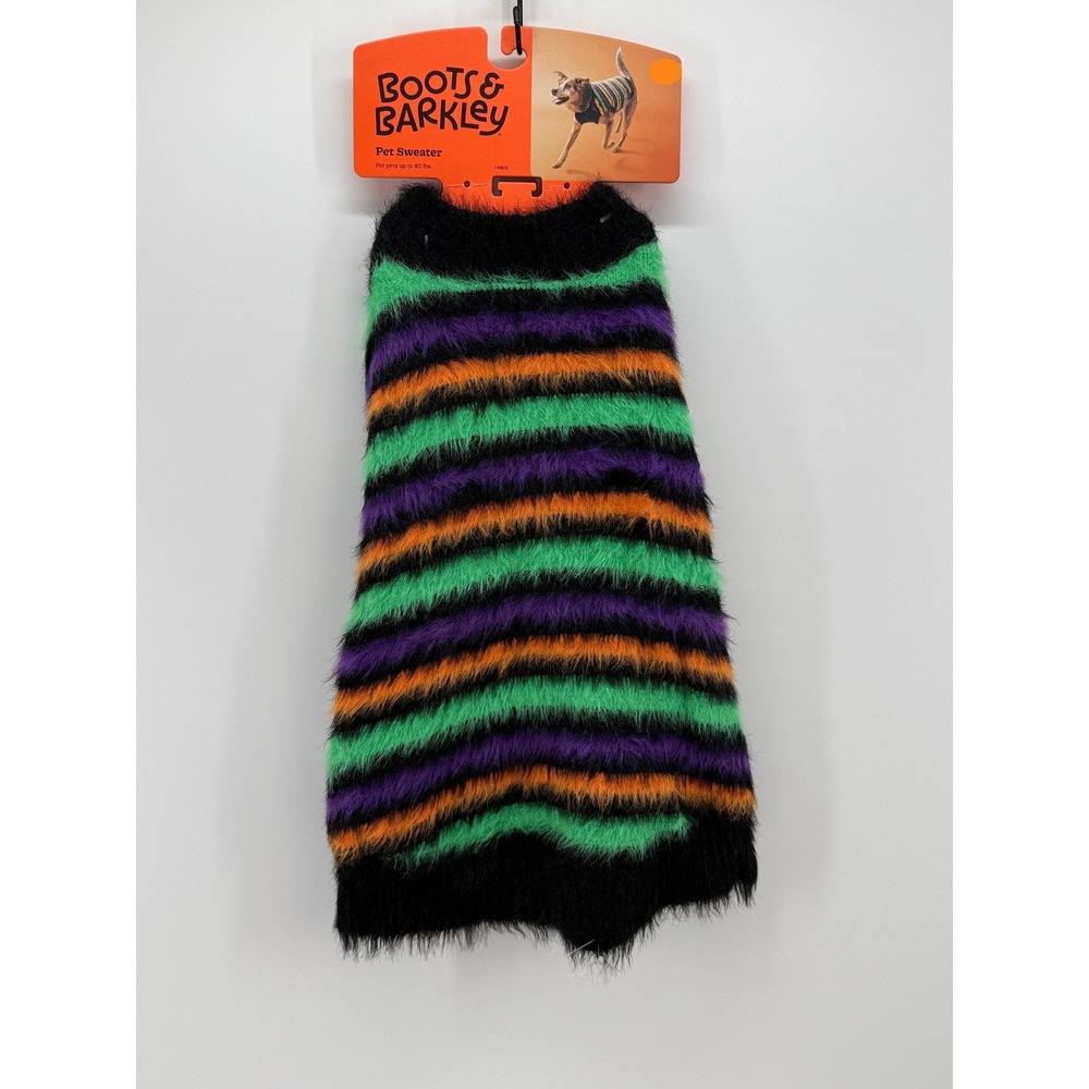 Boots & Barkley Dog Sweater Large Purple Green Orange Striped Fuzzy Eyelash Knit